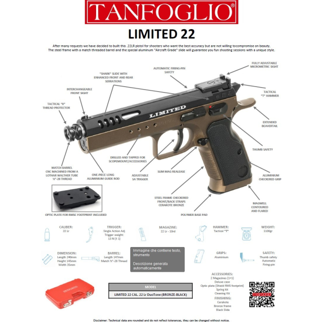 TANFOGLIO LIMITED .22LR DUOTONE, SMALL FRAME, STEEL FRAME